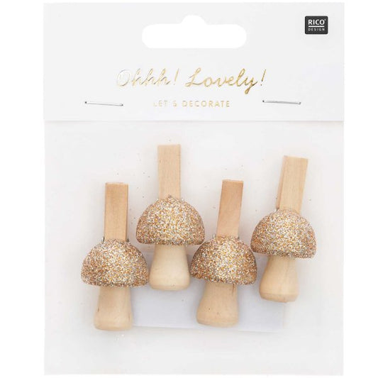 CLIPS MUSHROOM WOOD GOLD GLITTER (4 PCS)