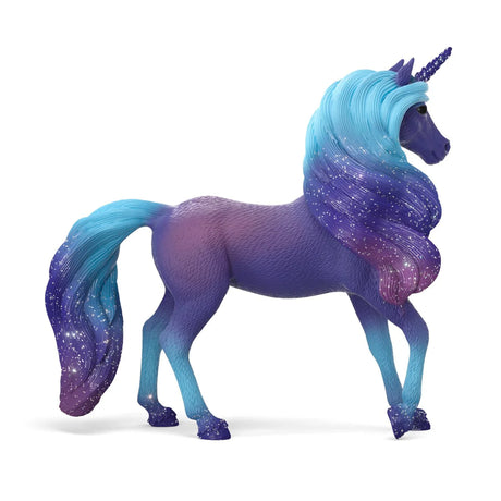 Unicorn figurine with blue and purple gradient hair on a white background