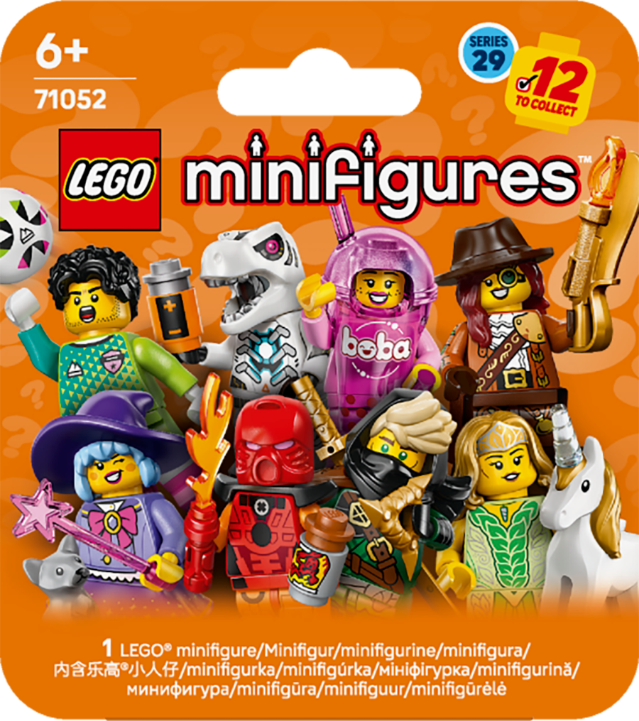 LEGO minifigures packaging with various characters on an orange background