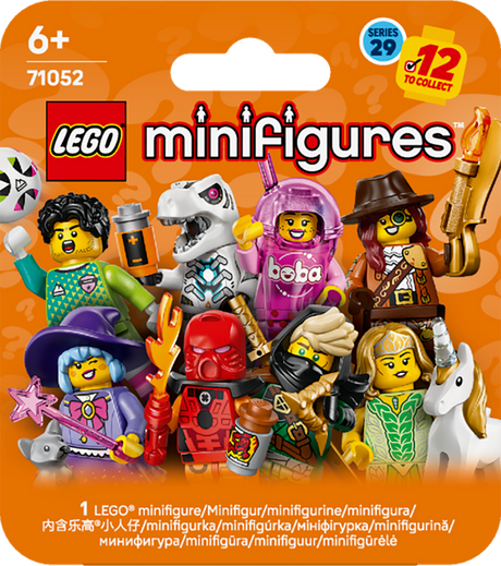 LEGO minifigures packaging with various characters on an orange background