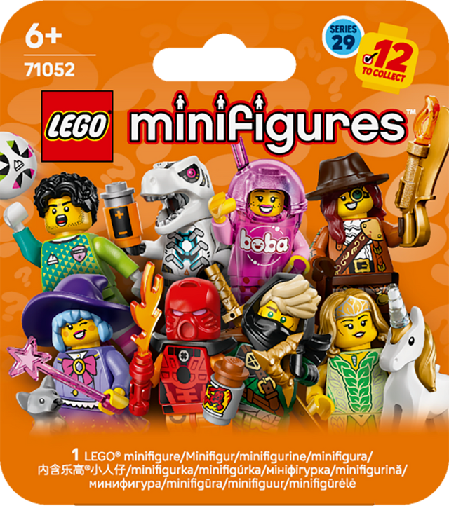 LEGO minifigures packaging with various characters on an orange background