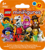 LEGO minifigures packaging with various characters on an orange background