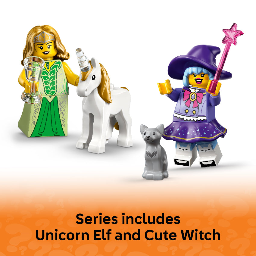 Toy figures of a unicorn, elf, and witch with a white background