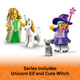 Toy figures of a unicorn, elf, and witch with a white background