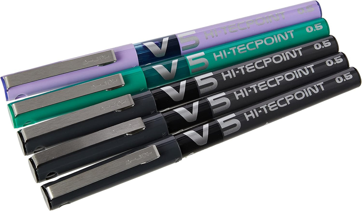 Pilot V5 Hi-Tecpoint Rollerball Pens - Assorted Colours (5 Pack)