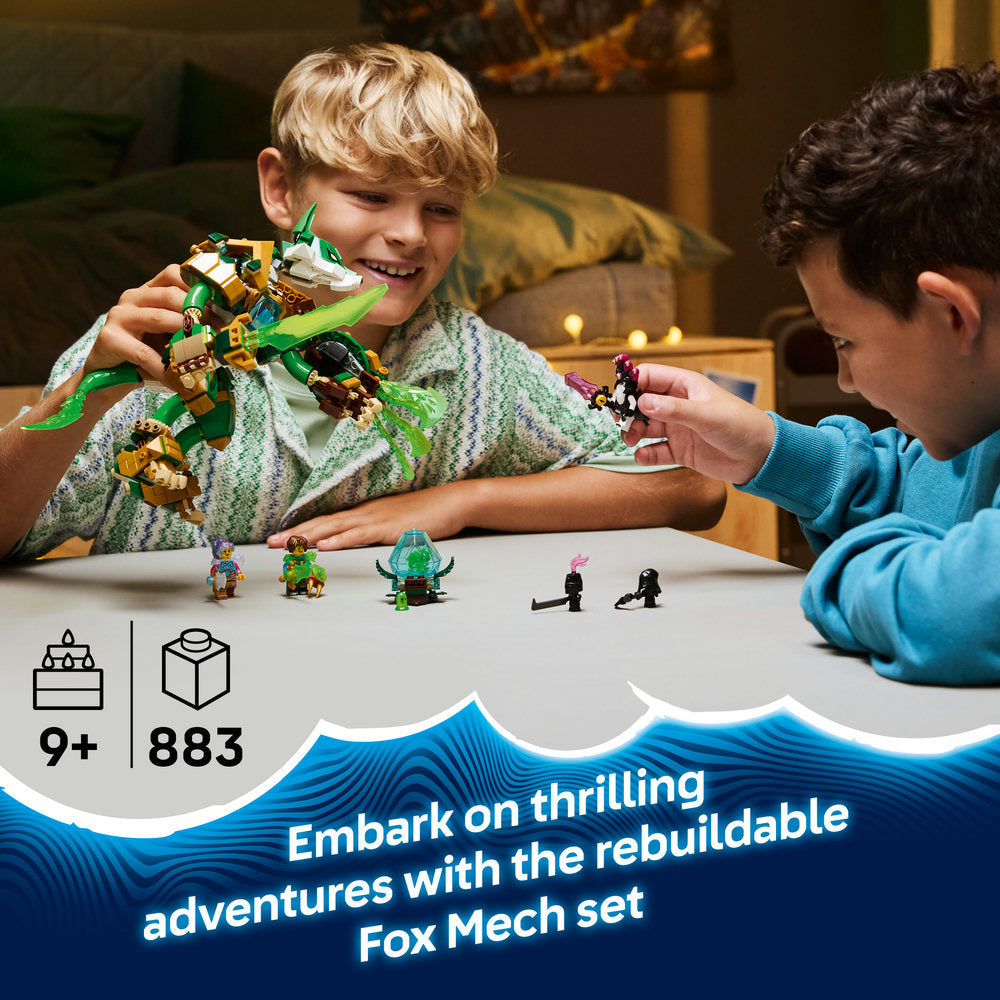 Two children playing with a Fox Mech set toy on a table, with product details displayed.