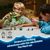 Two children playing with a Fox Mech set toy on a table, with product details displayed.