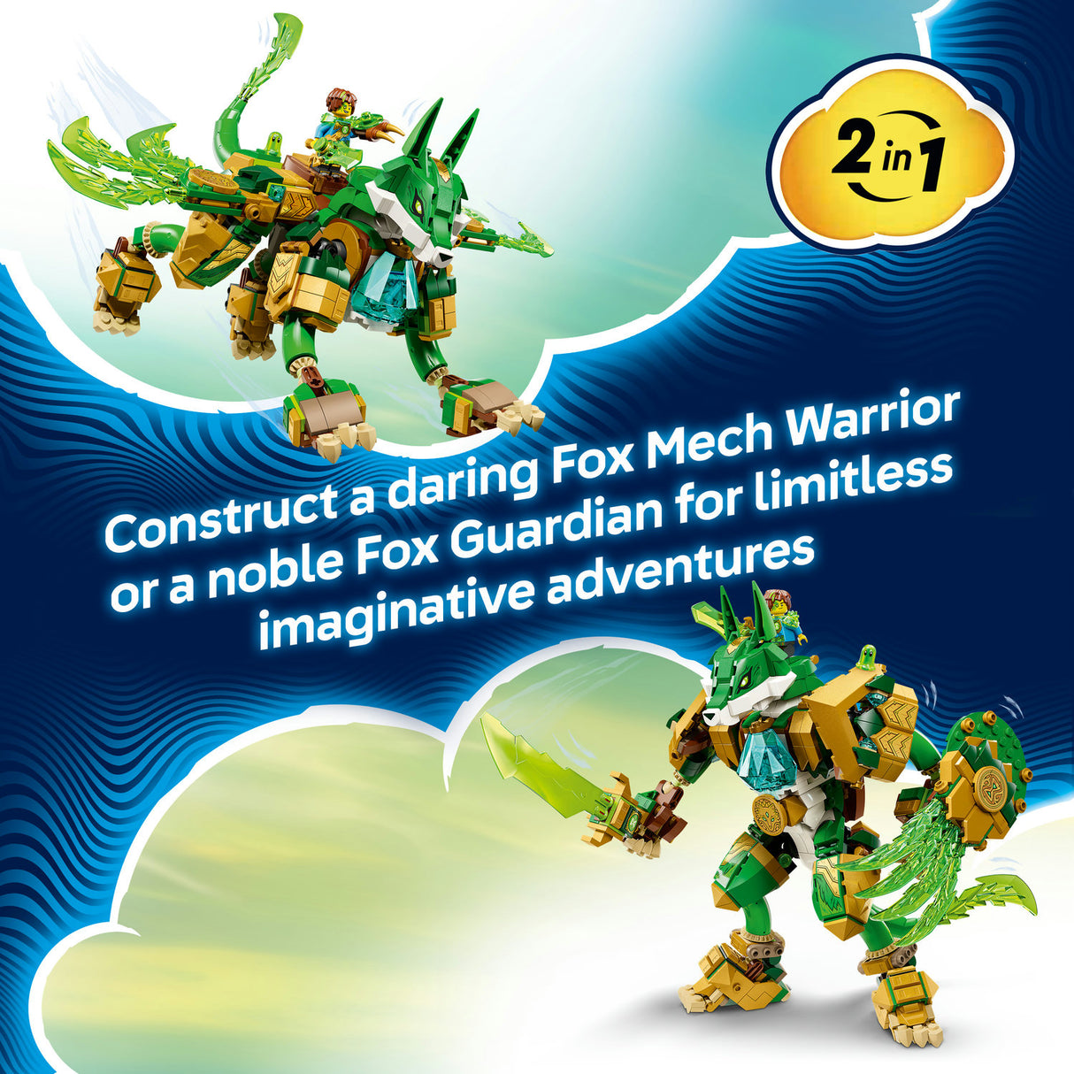 Toy set packaging with two fox mech warrior figures and promotional text on a blue and white background.
