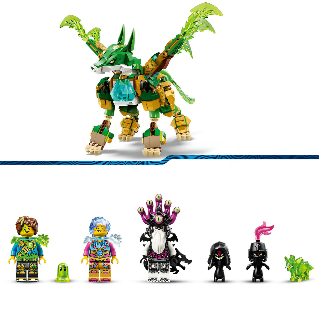 LEGO set with a green dragon-like creature and multiple characters on a white background