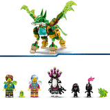 LEGO set with a green dragon-like creature and multiple characters on a white background