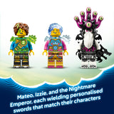 Three colorful LEGO figures with swords on a white background