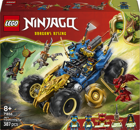 LEGO Ninjago Jay's Transforming Car set packaging with characters and vehicle on a dynamic background.