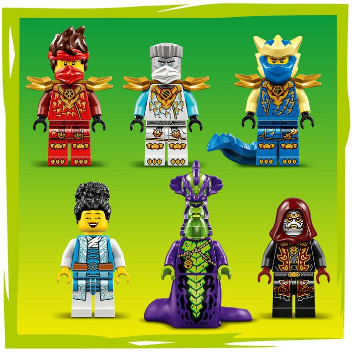 Set of six colorful LEGO minifigures on a green background