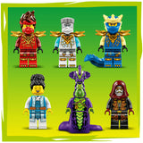 Set of six colorful LEGO minifigures on a green background