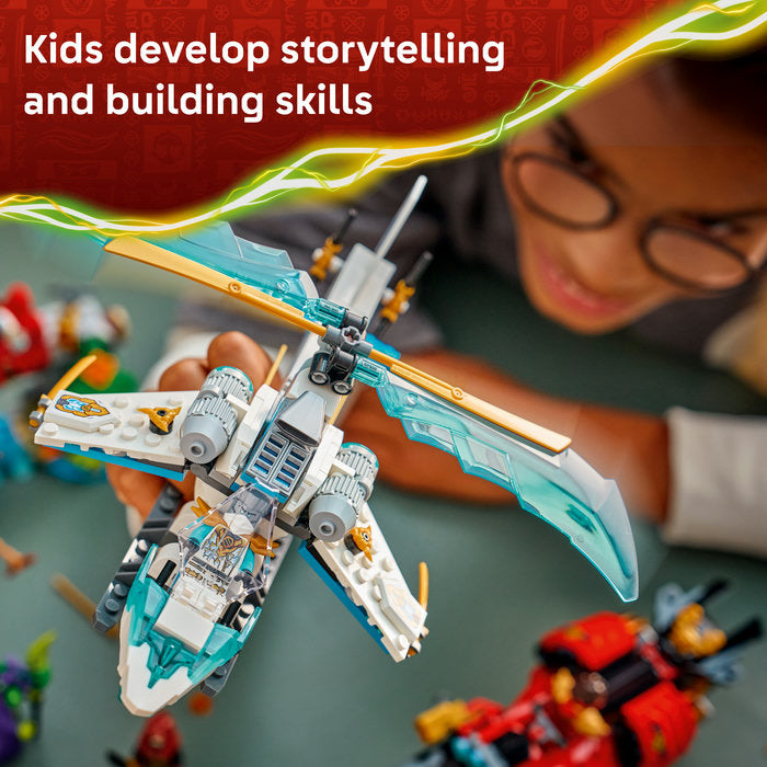 Child playing with a toy spaceship, surrounded by other toys, with text about storytelling and building skills.
