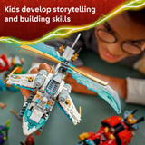 Child playing with a toy spaceship, surrounded by other toys, with text about storytelling and building skills.