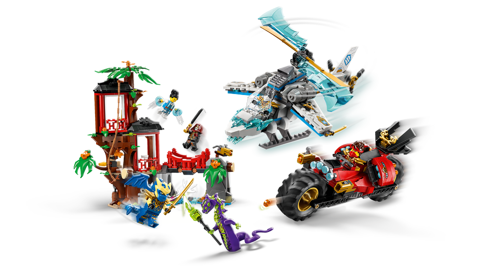 LEGO set with various pieces including a jungle temple, dragon, and vehicle on a white background