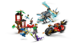 LEGO set with various pieces including a jungle temple, dragon, and vehicle on a white background
