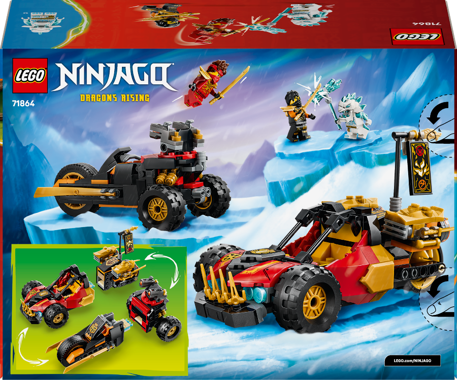 LEGO Ninjago set packaging with vehicles and characters on a snowy background