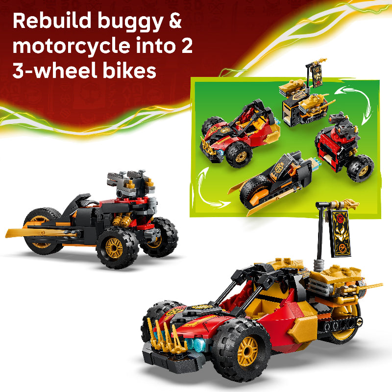 Toy vehicle set with instructions on transforming a buggy and motorcycle into two 3-wheel bikes.