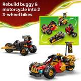 Toy vehicle set with instructions on transforming a buggy and motorcycle into two 3-wheel bikes.