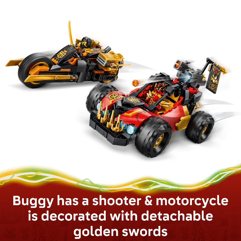 Toy buggy with a shooter and motorcycle decorated with detachable golden swords on a white background.