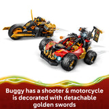 Toy buggy with a shooter and motorcycle decorated with detachable golden swords on a white background.