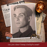 A styled flat-lay featuring a central black-and-white portrait print of Tommy Shelby from the film 'Mindhunter' on aged newspaper pages, surrounded by props including a glass of amber liquid, bullets, tickets, and torn papers on a wooden surface. A red banner at the bottom reads, 'Can you clear Tommy Shelby's name?'.