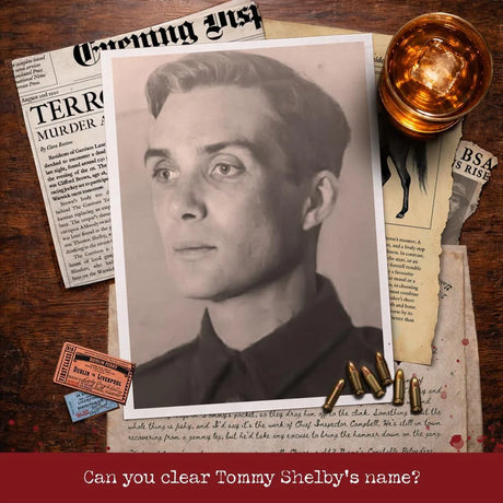 A styled flat-lay featuring a central black-and-white portrait print of Tommy Shelby from the film 'Mindhunter' on aged newspaper pages, surrounded by props including a glass of amber liquid, bullets, tickets, and torn papers on a wooden surface. A red banner at the bottom reads, 'Can you clear Tommy Shelby's name?'.