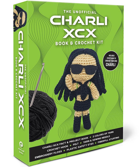 The Unofficial Charli XCX Book & Crochet Kit box shown at a three-quarter angle on a plain white background. The box is bright lime green with black and white text, featuring a crocheted doll character wearing black sunglasses and a black outfit, alongside a ball of black yarn and a crochet hook.