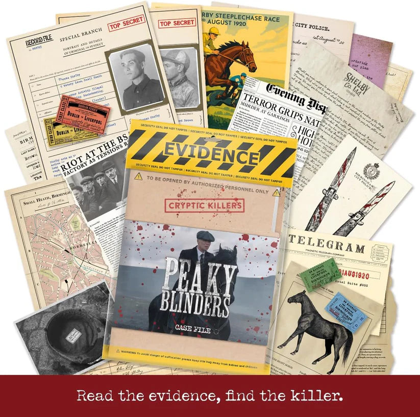 Collection of 'Peaky Blinders' themed evidence cards and documents with a central 'Evidence' box.