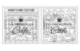 Two black-and-white line-art coloring book pages shown side by side. The left page depicts a storefront labeled 'HONEYCOMB COUTURE' with a person standing in front; the right page shows a truck with a bowl of fruit and the words 'FRESH' and 'COLORING BOOK' overlaid in large script.