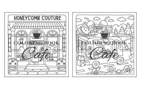 Two black-and-white line-art coloring book pages shown side by side. The left page depicts a storefront labeled 'HONEYCOMB COUTURE' with a person standing in front; the right page shows a truck with a bowl of fruit and the words 'FRESH' and 'COLORING BOOK' overlaid in large script.
