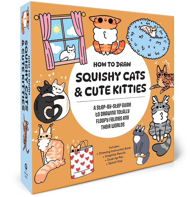A boxed craft guide titled "How to Draw Squishy Cats & Cute Kitties" shown at a slight angle. The box is predominantly orange with a large white oval center and colorful cartoon cat illustrations around the text.