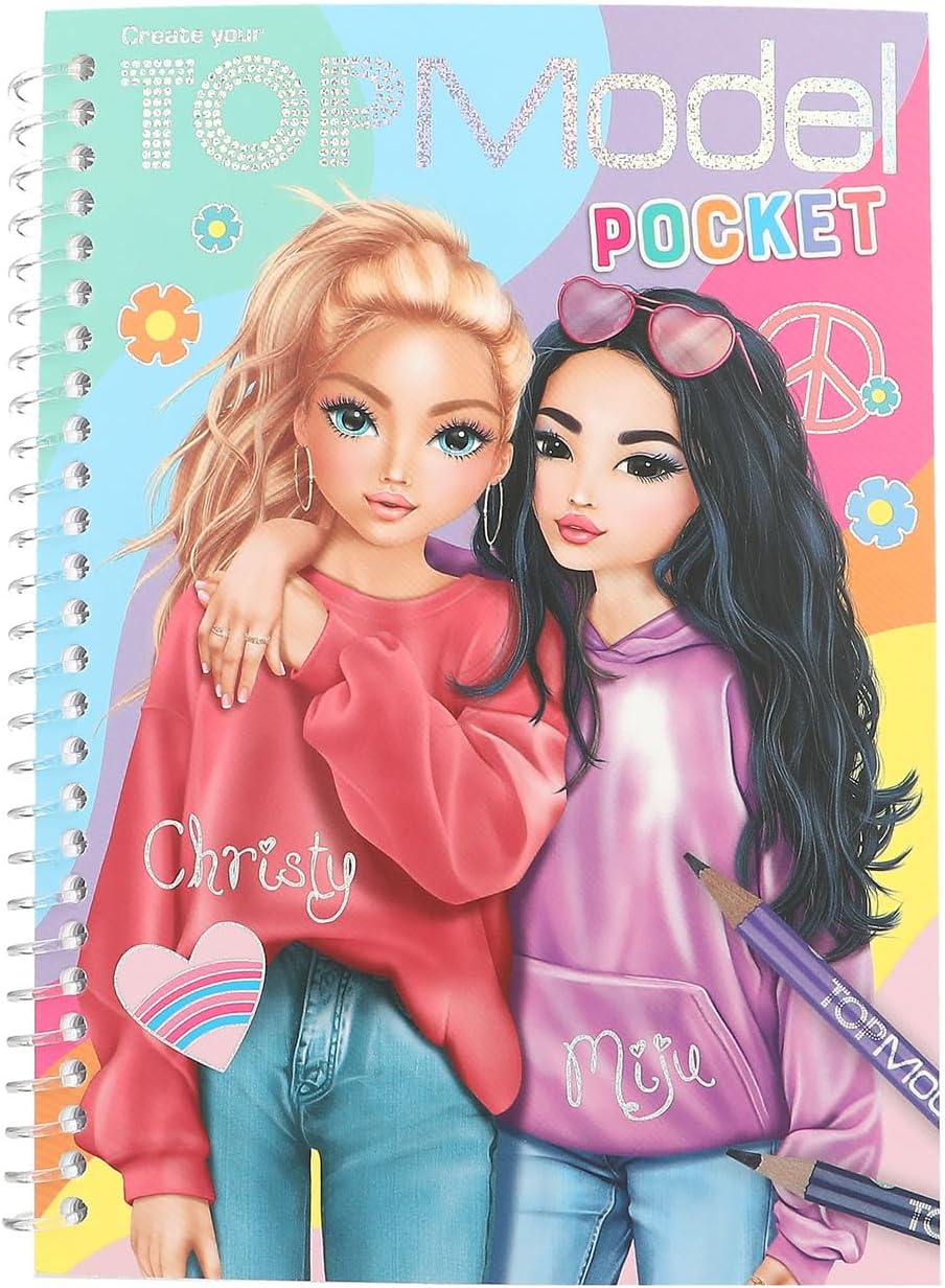 Notebook cover with two dolls and colorful design, featuring the text 'Top Model Pocket'.