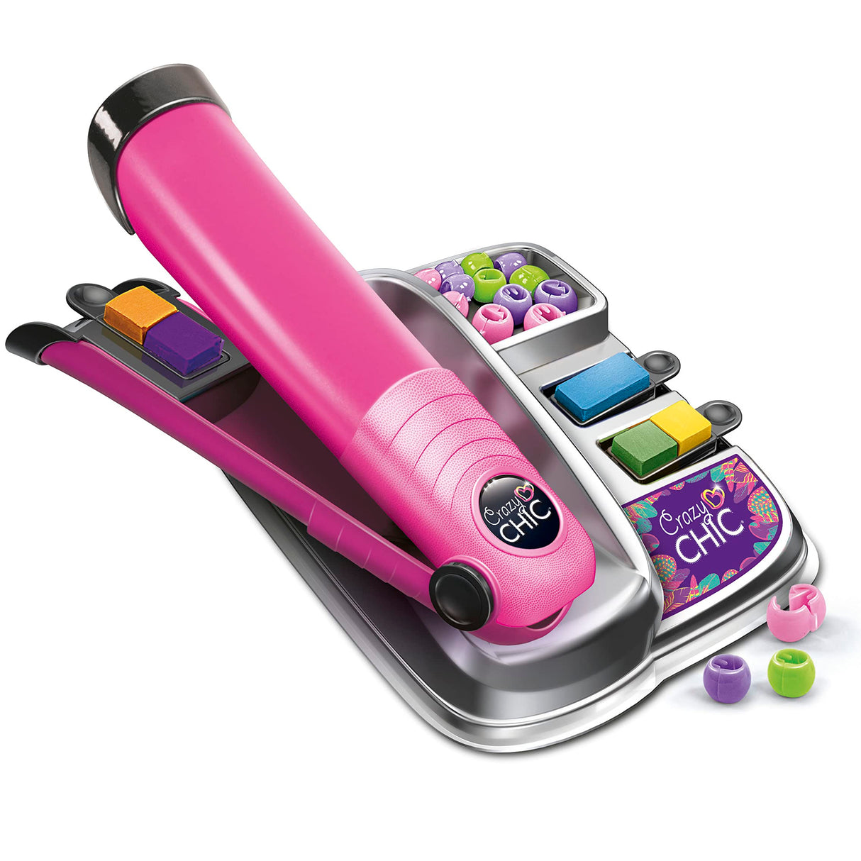 A pink and silver hair extension application kit on a white background, featuring a large pink barrel tool, a metal tray with colorful beads, clips, and a branded 'Chic' box.