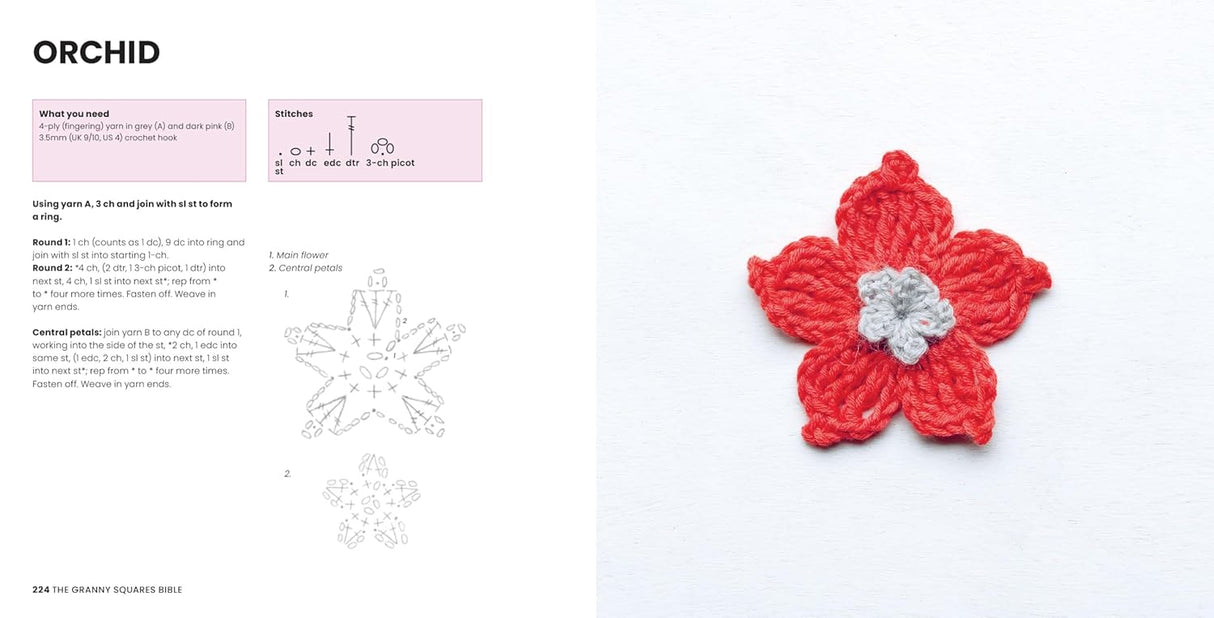 Crocheted orchid flower with red petals and a white center on a white background, next to text and diagrams.