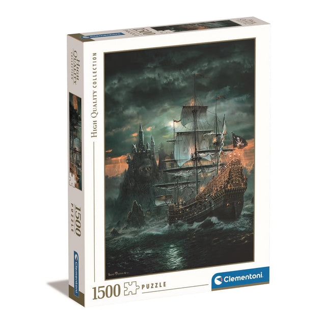 A 1500-piece jigsaw puzzle box from Clementoni, featuring a dark, dramatic pirate ship scene with a castle on stormy waters.