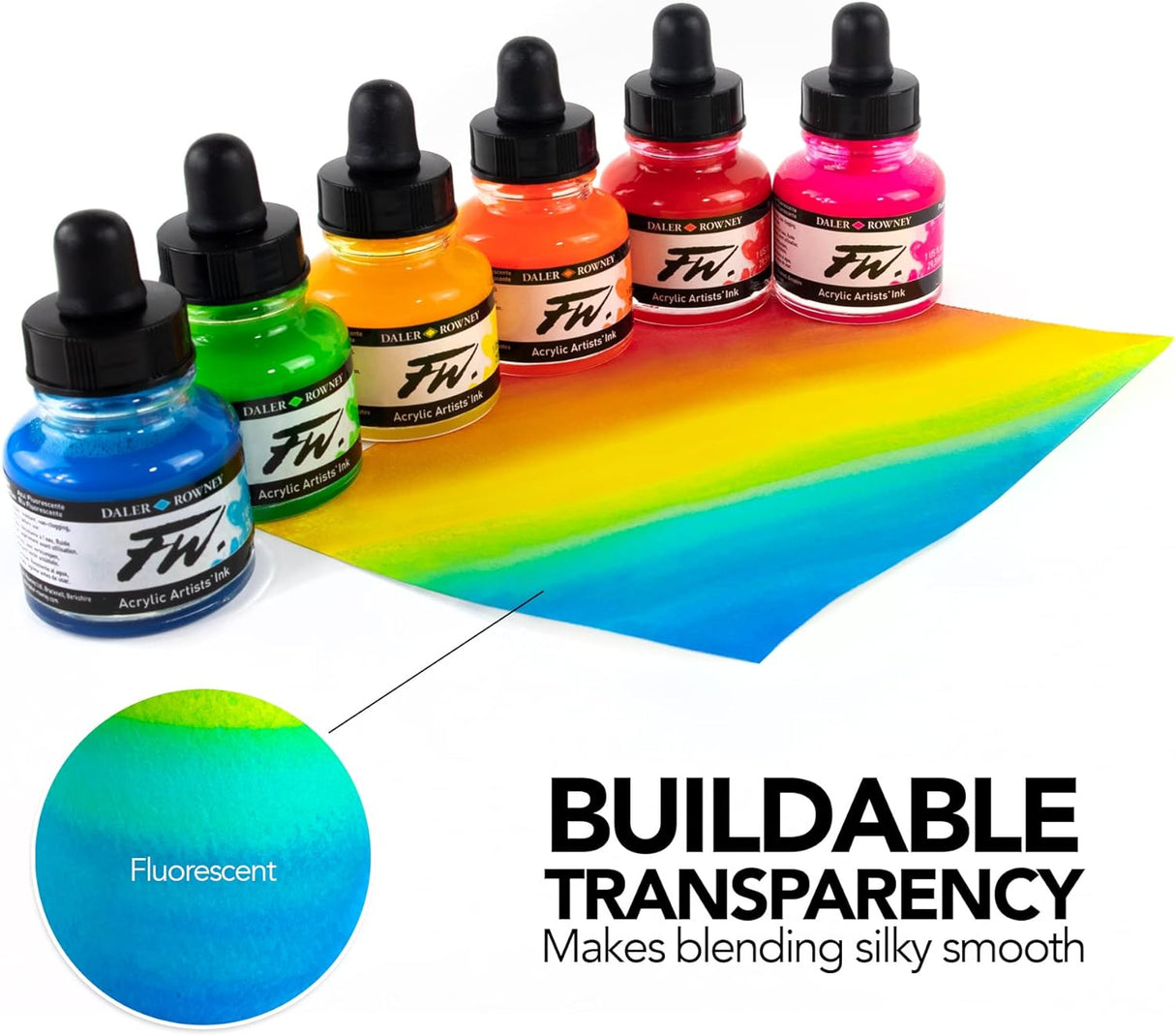 Daler-Rowney FW Acrylic Ink Bottle 6-Color Neon Set with Empty Marker