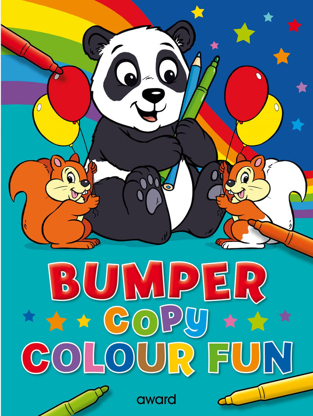Children's book cover with a panda, squirrels, and colorful text on a blue background
