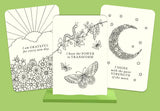 Three coloring cards with motivational phrases on a green background