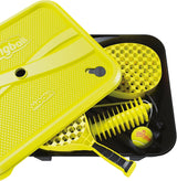 Yellow paddle and ball set with a carrying case on a white background