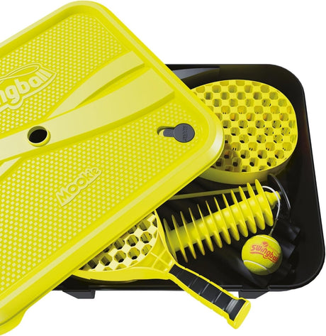Yellow paddle and ball set with a carrying case on a white background