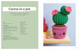 A two-page knitting or crochet pattern spread titled 'Cactus in a pot.' The left page contains text about size, materials, and skill requirements on a pale green background.