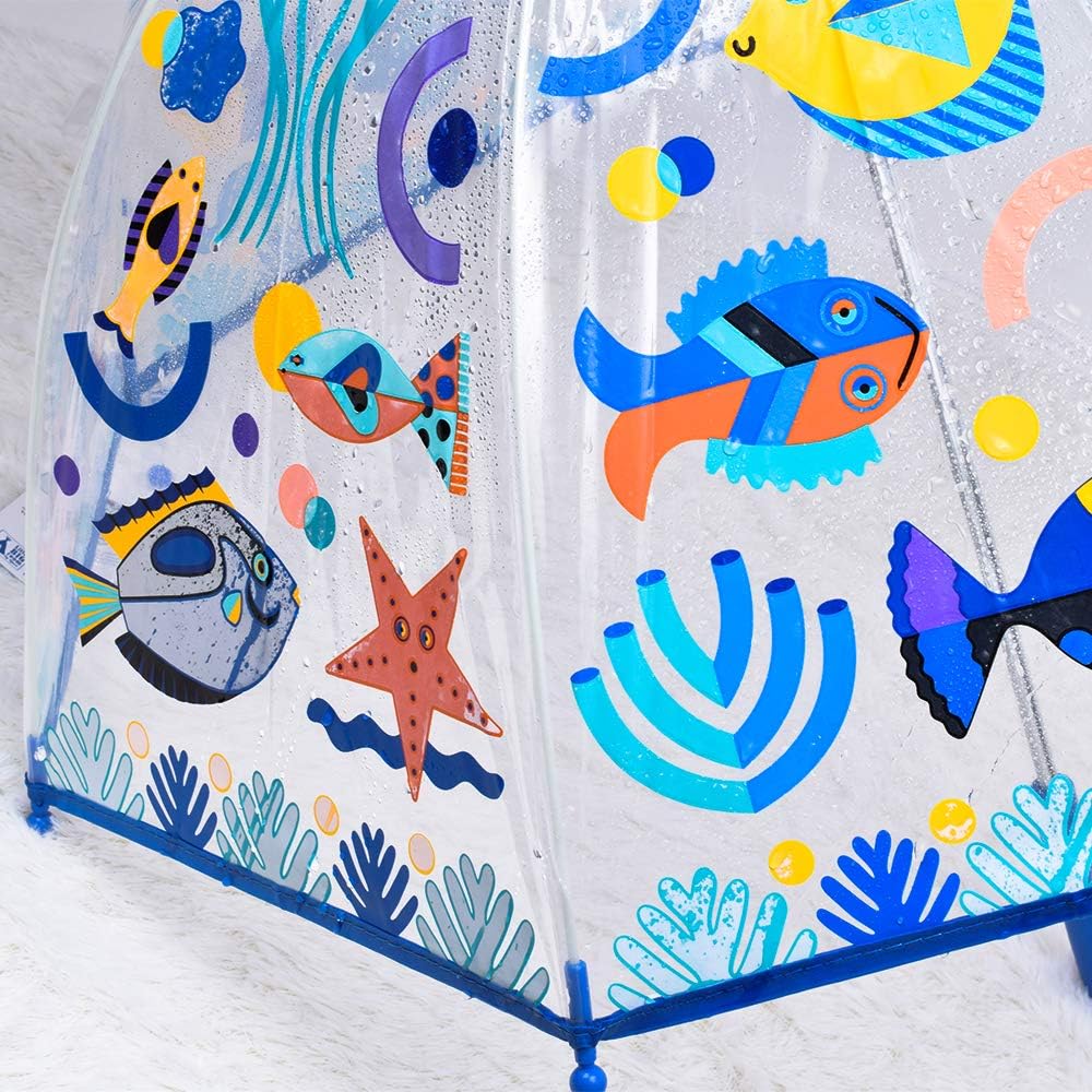 A clear plastic umbrella with a colorful underwater theme print, featuring cartoon fish, a starfish, and sea plants on a white background.