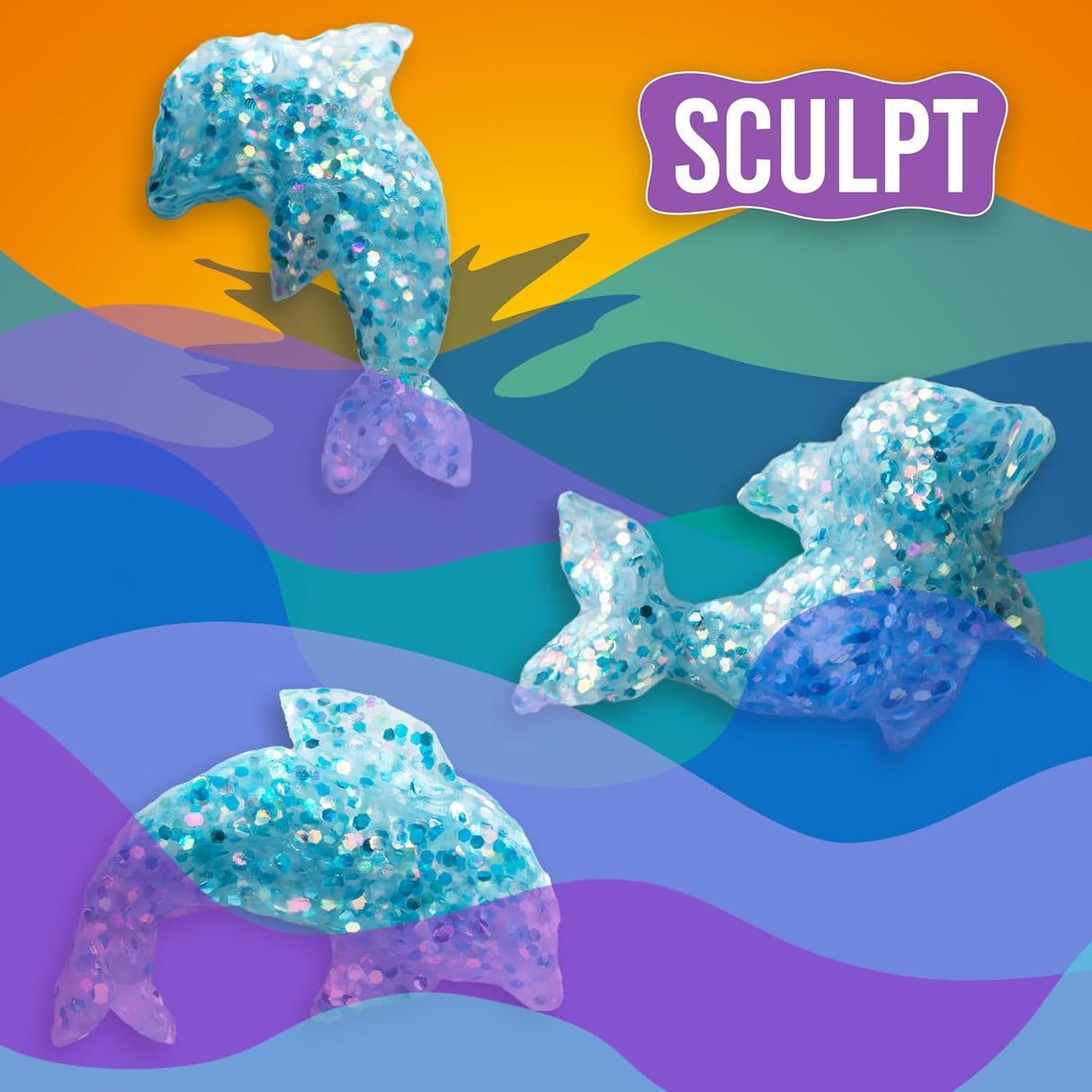 Glittery dolphin-shaped toys on a colorful abstract background with 'SCULPT' branding.