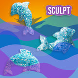 Glittery dolphin-shaped toys on a colorful abstract background with 'SCULPT' branding.