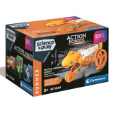 Clementoni Science & Play Action Robots Runner toy box, featuring a motor-driven robot that walks on wheels, with orange, black, and white packaging.