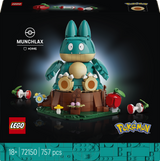 LEGO Pokémon Munchlax building set box art showing the assembled Munchlax figure centered on a dark background, with LEGO and Pokémon logos and product text visible.