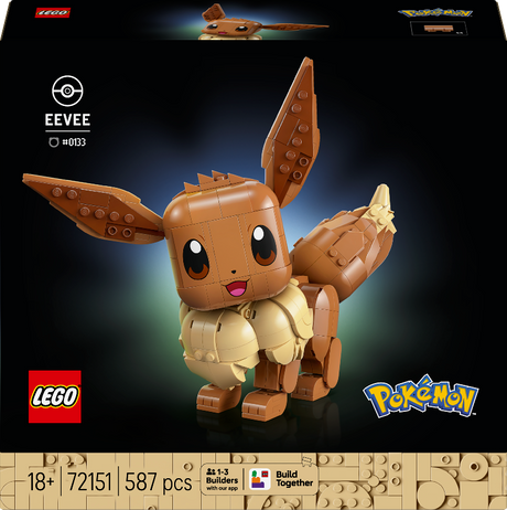 LEGO Eevee figure from Pokémon on a dark background with LEGO and Pokémon logos.